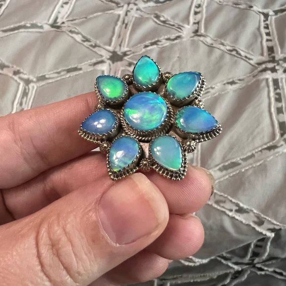 Sterling silver blue galaxy opal flower ring - Picture 2 of 5